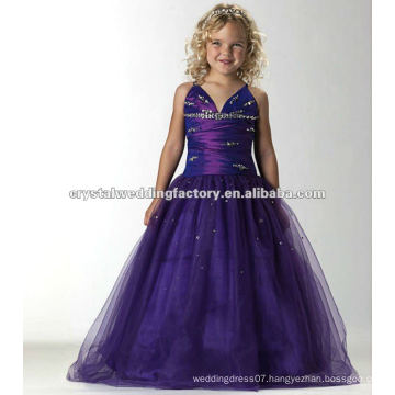 Free shipping V-neckline beaded ruched purple custom-made long girls pageant dresses CWFaf4888